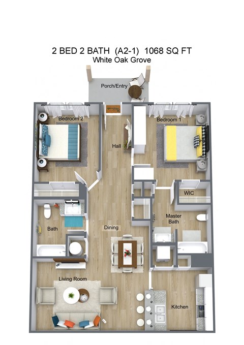 BED 2 BATH (A2-1) 1068 SQ FT - White Oak Grove - 3D Floor Plan